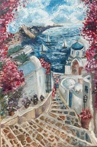 Oil Painting Santorini Coastal Scene
