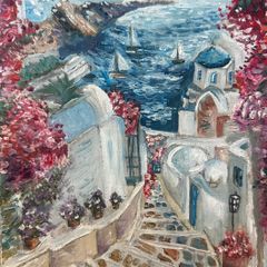 Oil Painting Santorini Coastal Scene