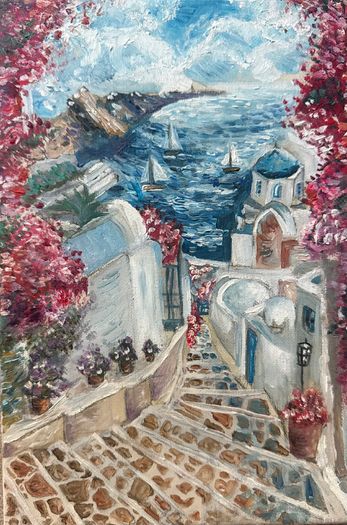 Oil Painting Santorini Coastal Scene
