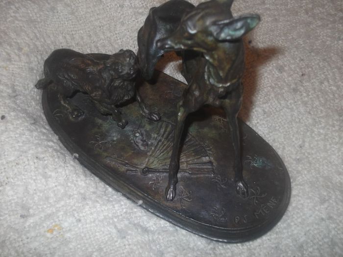 a  lovely antique bronze or metal greyhound and king charles spaniel figure  by p,j.mene