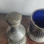 Pewter Condiment Set, blue glass and pewter design. mustard and salt Image 6