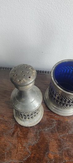 Pewter Condiment Set, blue glass and pewter design. mustard and salt