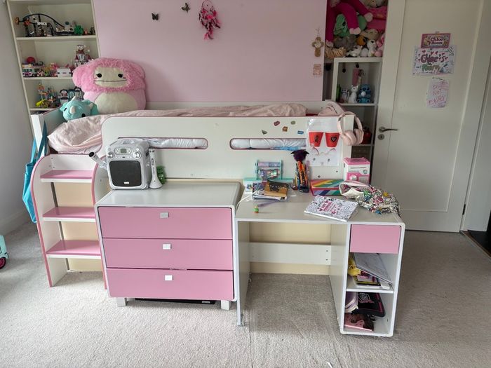 Pink and White Mid Sleeper Bed with Desk, Drawers & Storage