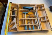 Vintage 1960s Child's Wooden Tool Box Cabinet Set - German Woodworking Kit