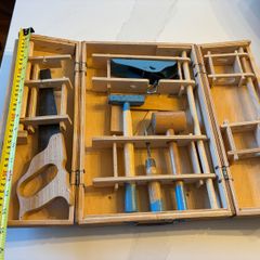 Vintage 1960s Child's Wooden Tool Box Cabinet Set - German Woodworking Kit