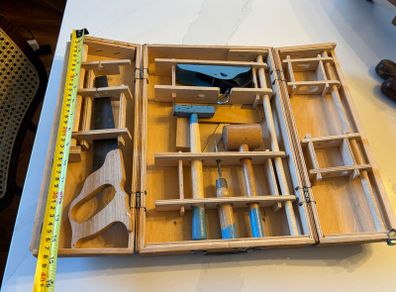 Vintage 1960s Child's Wooden Tool Box Cabinet Set - German Woodworking Kit