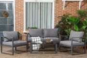 4 Pieces Garden Sofa Set, Including 2 Single Armchairs, 1 Bench &amp; Side Table, Aluminium Frame Patio Furniture with Cushions, Grey