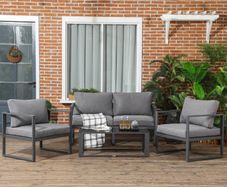 4 Pieces Garden Sofa Set, Including 2 Single Armchairs, 1 Bench & Side Table, Aluminium Frame Patio Furniture with Cushions, Grey
