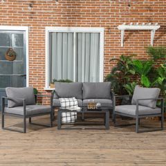 4 Pieces Garden Sofa Set, Including 2 Single Armchairs, 1 Bench & Side Table, Aluminium Frame Patio Furniture with Cushions, Grey