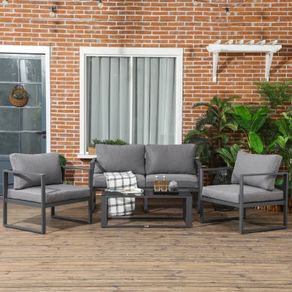 4 Pieces Garden Sofa Set, Including 2 Single Armchairs, 1 Bench & Side Table, Aluminium Frame Patio Furniture with Cushions, Grey