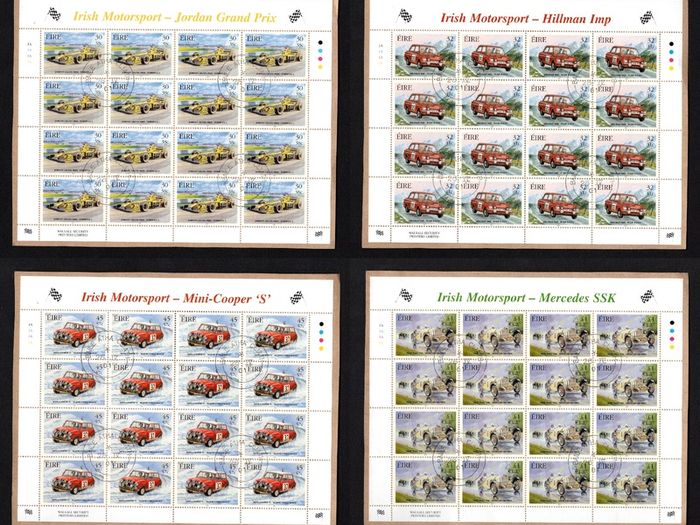 2001 Ireland Irish Motorsport Commemorative Stamp Sheetlet Plate 1A1A1A1A Fine Used with Dublin CDS cancel of 26th April 2001 (First day of issued) on envelope extract.