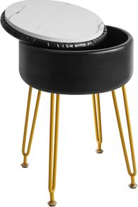 Faux Leather Round Footrest Stool with Storage Ottoman, Makeup Vanity Chair Side Table, PU Dressing Table Seat, Removable Cover, Golden Steel Legs, Black