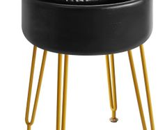 Faux Leather Round Footrest Stool with Storage Ottoman, Makeup Vanity Chair Side Table, PU Dressing Table Seat, Removable Cover, Golden Steel Legs, Black