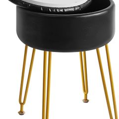 Faux Leather Round Footrest Stool with Storage Ottoman, Makeup Vanity Chair Side Table, PU Dressing Table Seat, Removable Cover, Golden Steel Legs, Black