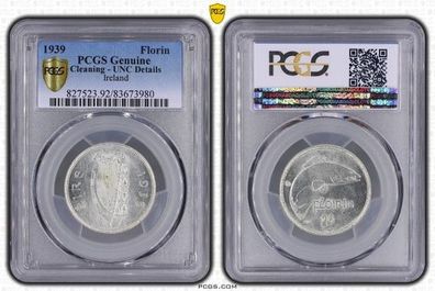 Ireland 1939 Silver Florin Two Shillings PCGS Uncirculated Details Scarce Uncirculated