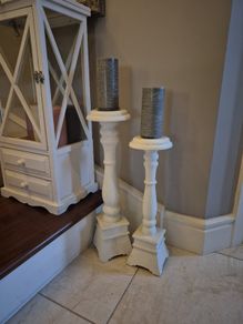 2 Rustic Jumbo size white wood candle sticks.  A lovely feature set