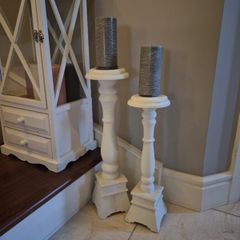 2 Rustic Jumbo size white wood candle sticks.  A lovely feature set