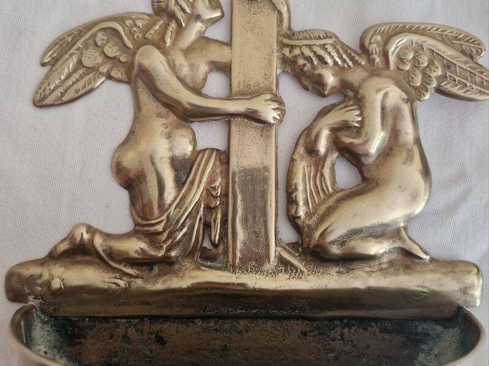 Antique  Brass Angel Holy Water Font Religious Wall Art