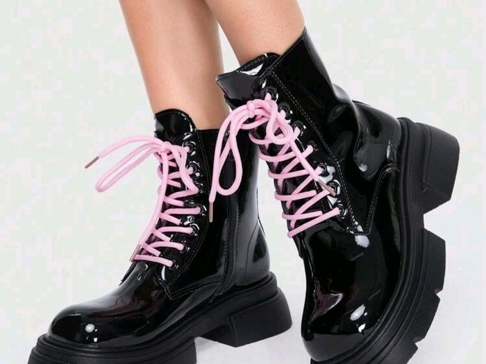 Black Shinny leather funky ankle boots, size 40