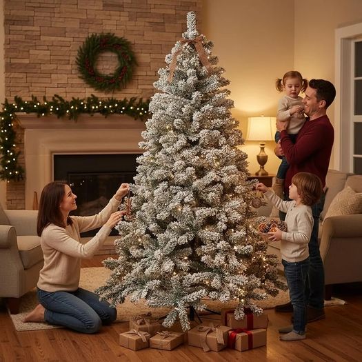 6Ft Snowy Flocked Artificial Christmas Tree, Yukon Pine Bushy Frosted Tree 550 Tips, Sturdy Metal Stand, Luxury Snow Covered Xmas Tree, Realistic Green Branches, Festive Home Christmas Decoration
