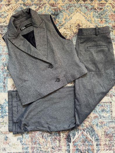 Zara Grey Herringbone Waistcoat & Wide Leg Trousers Co-ord Set