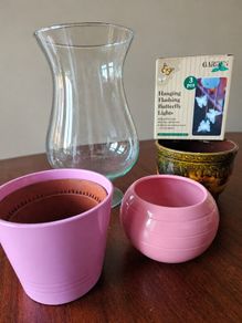Assorted Plant Pots, Glass Vase & Butterfly Garden Light