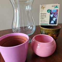 Assorted Plant Pots, Glass Vase & Butterfly Garden Light