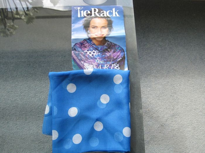 Vintage Brand New "Tie Rack" Polka Dot Blue Scarf with Instruction Leaflet.