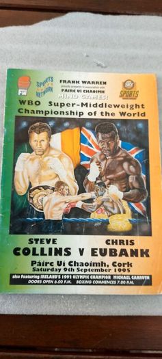 2 x boxing programmes,, Barry mcguigan fight 15th February 1986  R.D.S dublin ,and Steve Collins fight,9 September 1995 Cork, , 2 x irish boxing champions,,2 x legends of irish boxing...