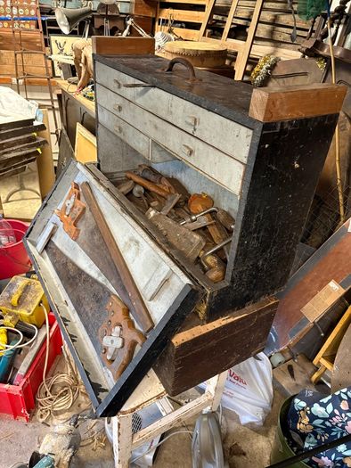Large vintage tool box and tools