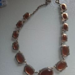 Vintage Amber Necklace with Beaded Bronze Border, Liz Claiborne 80s Designer Vintage Jewelry