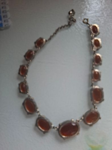 Vintage Amber Necklace with Beaded Bronze Border, Liz Claiborne 80s Designer Vintage Jewelry