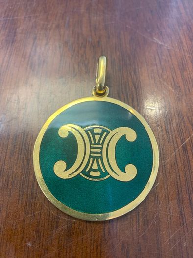 Vintage Celine Paris Triomphe Logo Green Enamel Medallion Pendant