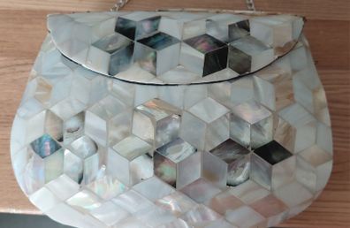 Mother of pearl bridal clutch bag with silver chain carrier strap for sale