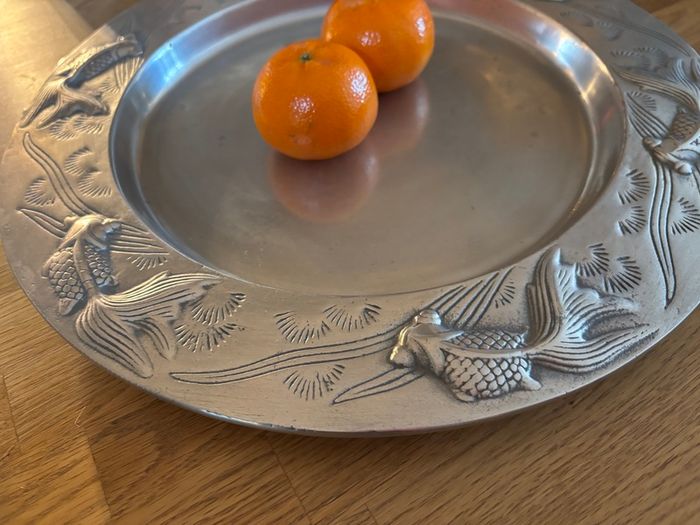 Large Decorative Pewter Dish with Koi Fish Engraving