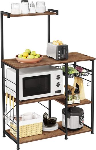_Standing Kitchen Shelf with Metal Basket and 6 S-Hooks and Shelves