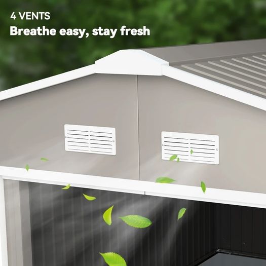 13 x 11ft Large Lockable Metal Storage Shed with Sliding Doors, Outdoor, Warm Grey