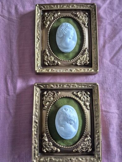 A pair of MidCentury Kelgin wall hanging Plaster  Vintage decorative pair of wall plaques featuring plaster cameos on green velvet background with ornate gold relief plaster frames
