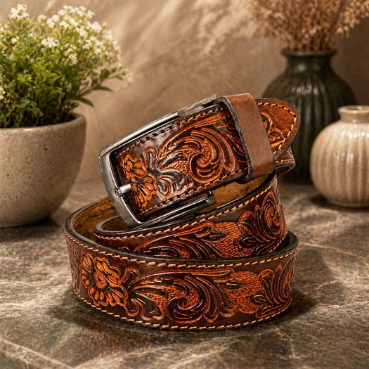 Unisex Genuine Leather Belt Vintage Embossed Design with Antique Buckle Casual & Formal Waist Belt