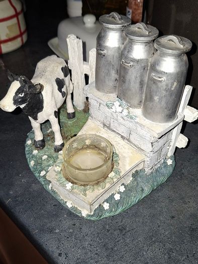 Hand-Painted Black-and-White Friesian Cow beside Milk Churns. Postage Available or Collection