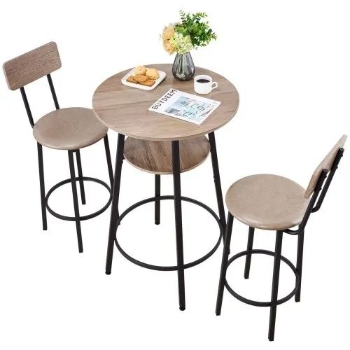 3PCS 596.9mm Bars Tables Set, Bar Tables and Chair Set with Rounded Corner Design, Round Pub Table with Two Stools for Office Desk, Breakfast Corner, Mini Bars, Light Gray, Black
