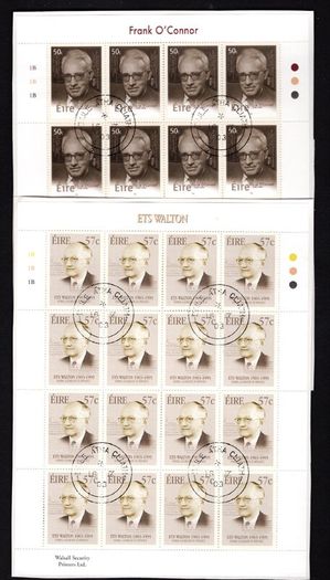 2003 Ireland Birth Centenaries of 50c Frank O'Connor & 57c ETS Walton Commemorative Stamp Sheetlet Plate 1A1A1A Fine CDS Used with Dublin cancel of 16th September 2003 (First day of issued) on envelope extract.