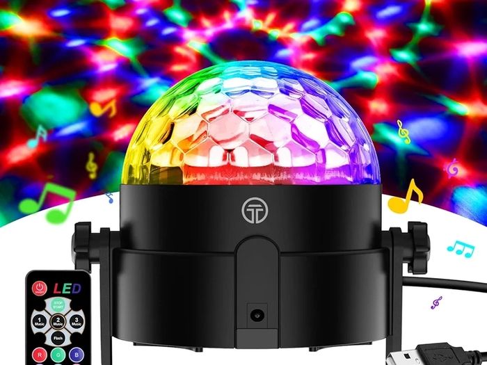 Disco Lights, 360 Rotation Sound Activated Portable  Disco Ball Lights with 4M/13ft USB Power Cable, 3W RGB Party Lights with Remote Control for Birthday/Family Gathering/Party/Home