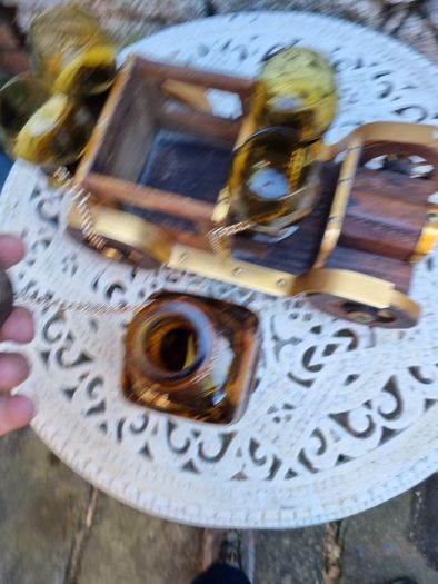 antique wooden car decanter set