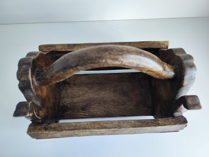Vintage wooden box magazine holder Elephants relievo sculpture animals