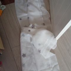 1 pair kids curtains white with grey stars, see-through