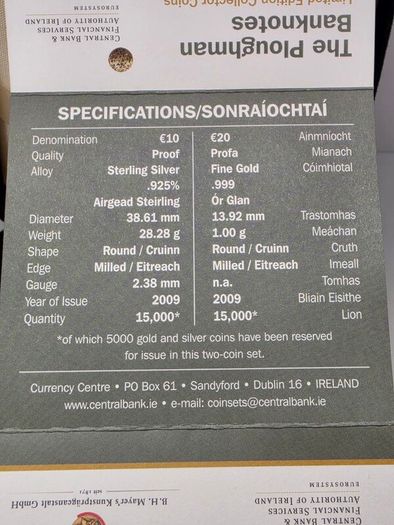 Ireland 2009 Gold and Silver Proof Ploughman Coin Set in Original Holder with COA