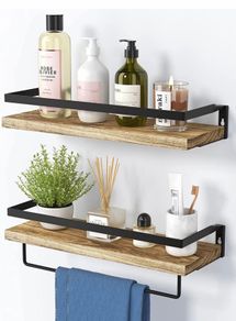 Floating Shelves, Rustic Wall Shelves Set of 2 with Length 42cm, Removable Towel Holder, Wall Mounted Shelves for Bathroom, Living Room, Bedroom, Kitchen, etc