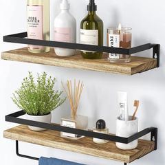 Floating Shelves, Rustic Wall Shelves Set of 2 with Length 42cm, Removable Towel Holder, Wall Mounted Shelves for Bathroom, Living Room, Bedroom, Kitchen, etc