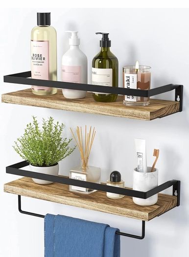 Floating Shelves, Rustic Wall Shelves Set of 2 with Length 42cm, Removable Towel Holder, Wall Mounted Shelves for Bathroom, Living Room, Bedroom, Kitchen, etc